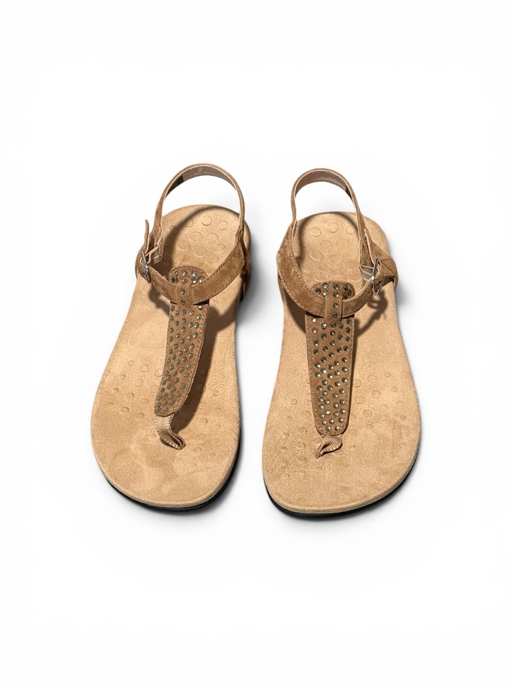 Vionic NWOT Tula Suede T-Strap Sandals with rhinestone embellishments in Taupe